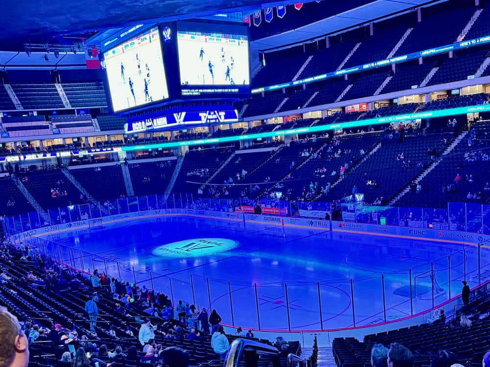 Xcel Energy Center ice arena with the PWHL Minnesota logo at center ice before a game
