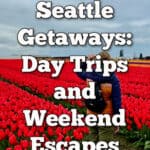 Woman stands in front of red tulips at Roozengaarde tulip farm. Text overlay reads "Best Seattle Getaways: Day Trips and Weekend Escapes"