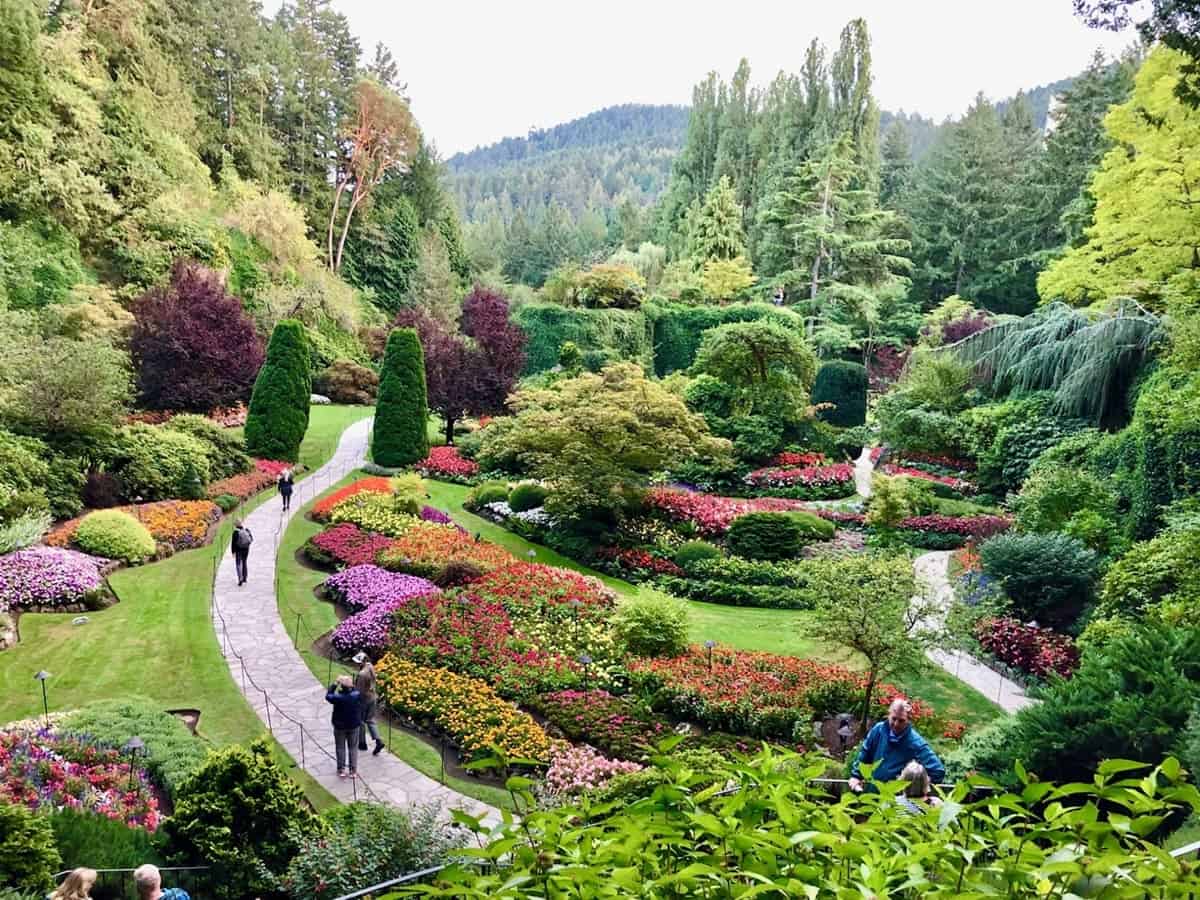 People walk on paths through the Sunken Garden at Butchart Gardens