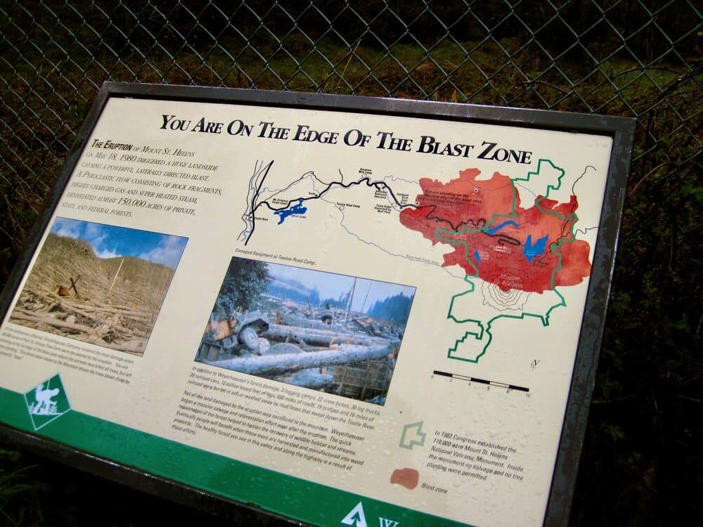 Interpretative sign talks about the 1980 eruption of Mt. St. Helens.