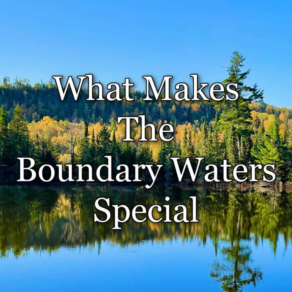 Fall wilderness lake scene with text overlay "What Makes The Boundary Waters Special."