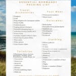 Printable checklist detailing what to pack for a spring or autumn trip to Normandy France