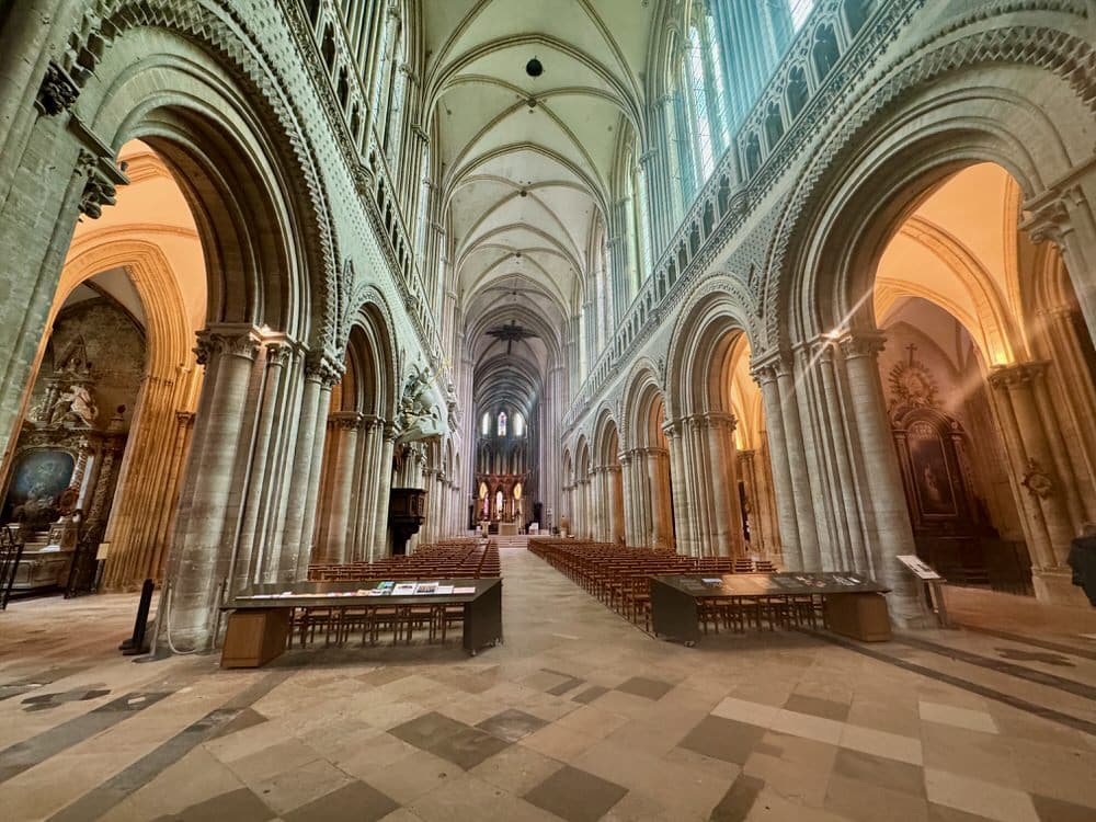 Looking down the nave towards the alter of Bayeux Cathedral