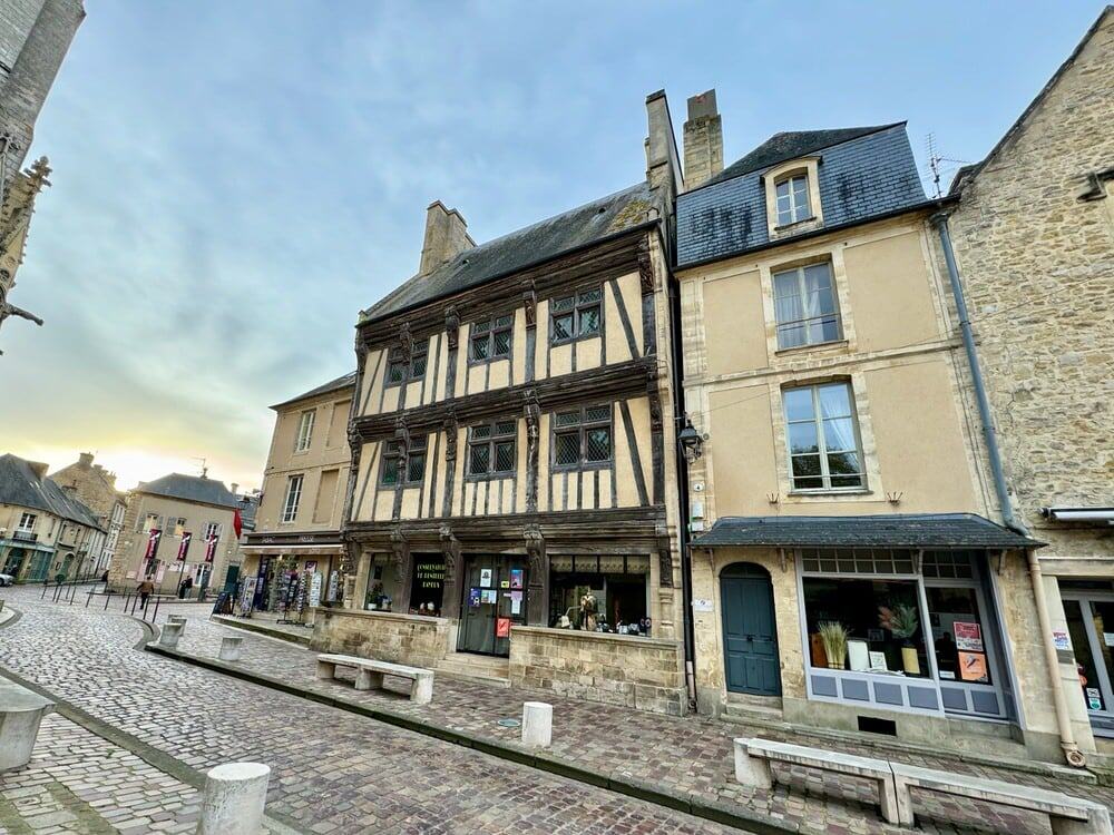 Half timbered exterior of the lacemakers house in downtown Bayeux
