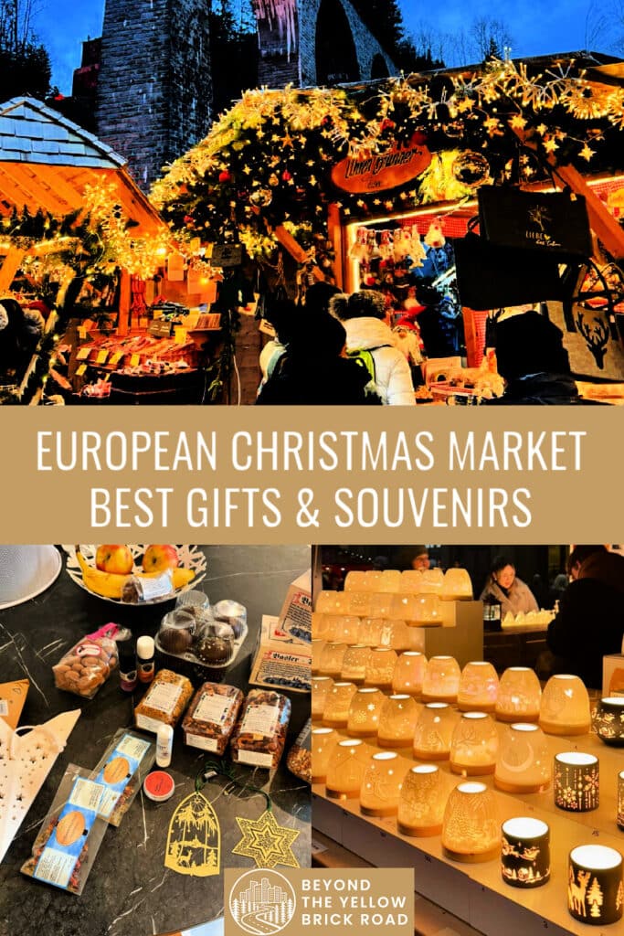 Photo collage of gifts and booths at the European Christmas markets. Text overlay reads "European Christmas Market Best Gifts and Souvenirs."