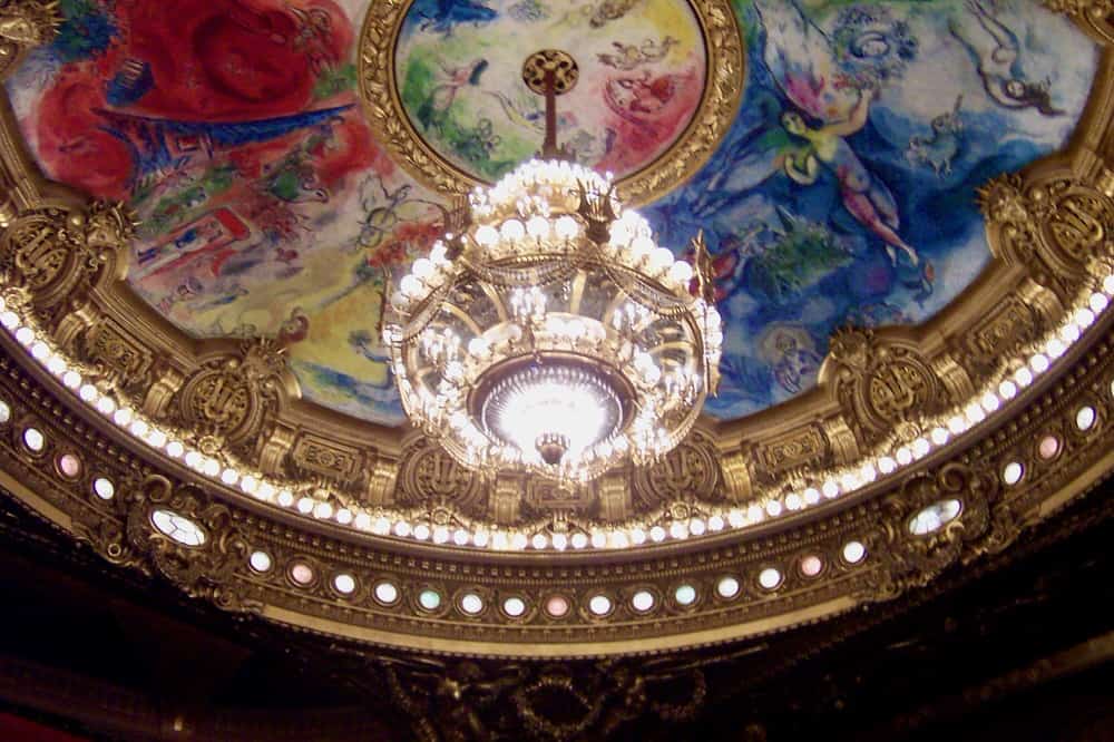 Chagall painted ceiling in the auditorium of the Paris Opera House.