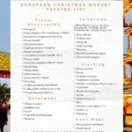 A full packing list for a December trip to Europe to see the Christmas markets including travel accessories, clothing, toiletries, outerwear, and footwear.