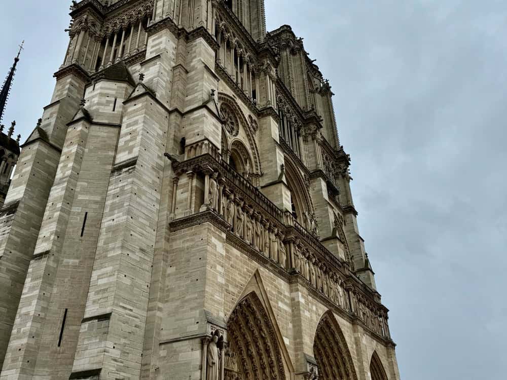 Stone exterior of Notre-Dame Cathedral front in Paris France