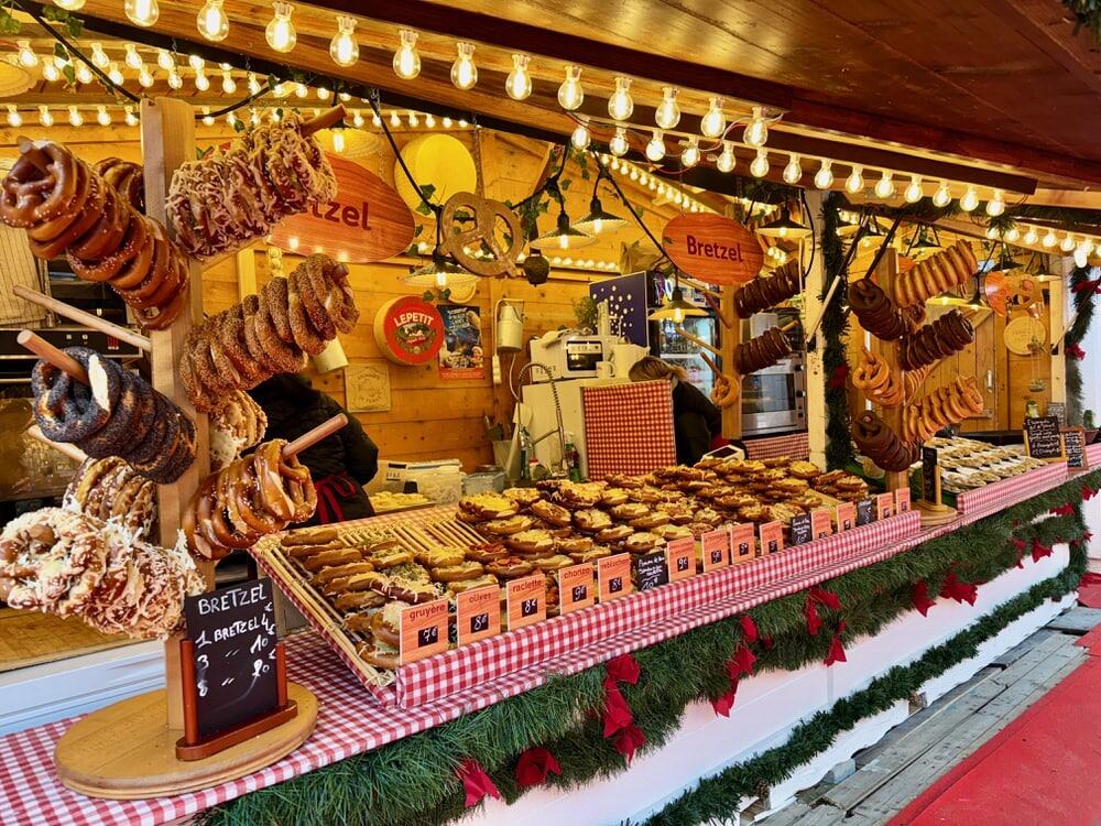 Pretzels on display at a Christmas market booth