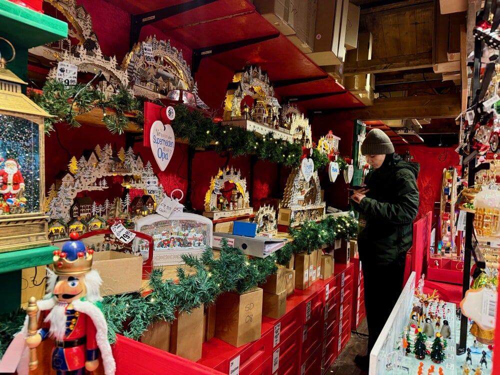 A booth filled with Christmas decorations at Basel, Switzerland
