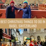 Photo collage of scenes of Basel Switzerland in December including two women posing in front of City Hall, window shoppers at Johann Wanner Christmas shop, and Santas riding Harley Davidsons
