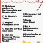 Graphic with Christmas decorations detailing 9 fun things to do in Basel Switzerland at the holidays including Christmas markets, museums, and special events
