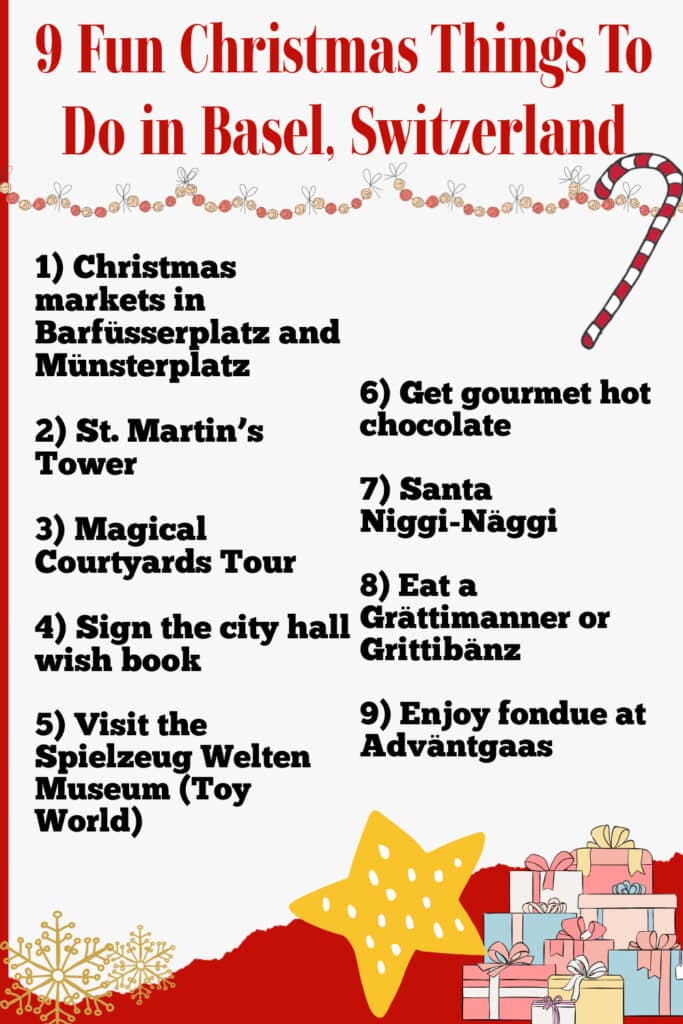 Graphic with Christmas decorations detailing 9 fun things to do in Basel Switzerland at the holidays including Christmas markets, museums, and special events