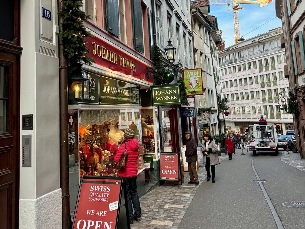 Exterior of popular Christmas and souvenir shop in Basel Switzerland