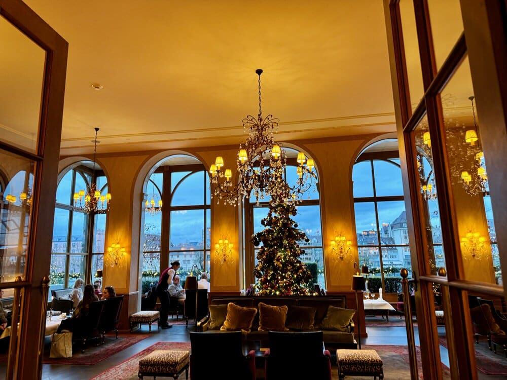 Fancy hotel lobby in Switzerland decorated for Christmas