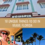 Photo collage of Miami scenes including an art deco hotel exterior, beach volleyball courts and palm trees, and a woman posing with an empanada pastry in Little Havana. Text overlay reads "18 unique things to do in Miami, Florida"