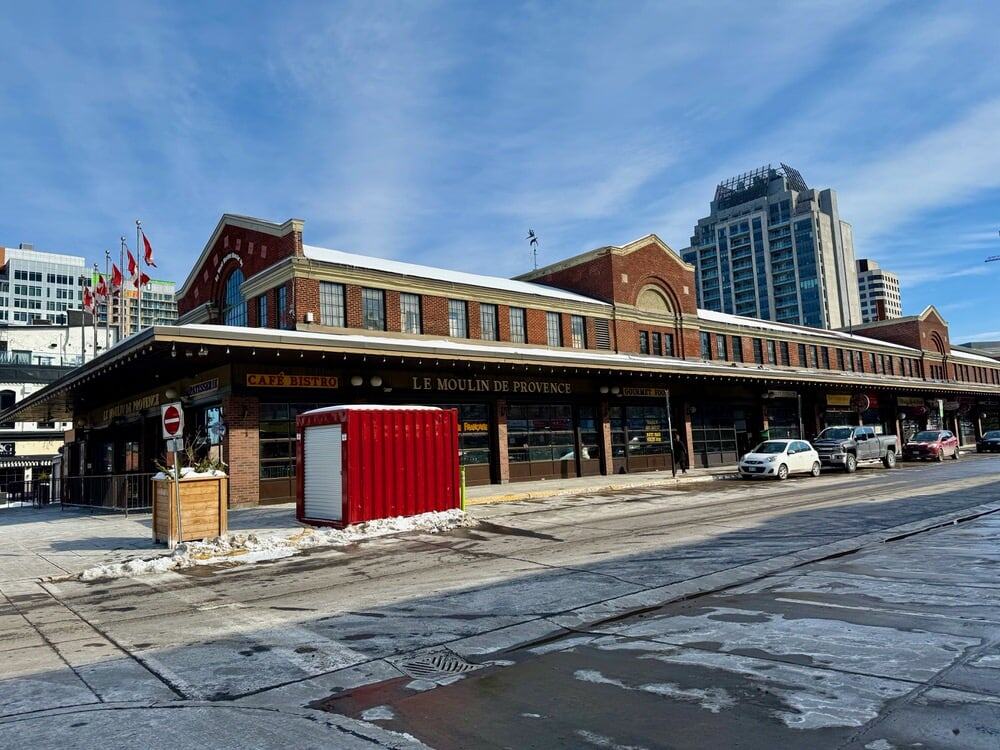 Exterior of the market hall building in Ottawa's ByWard market neighborhood in winter.
