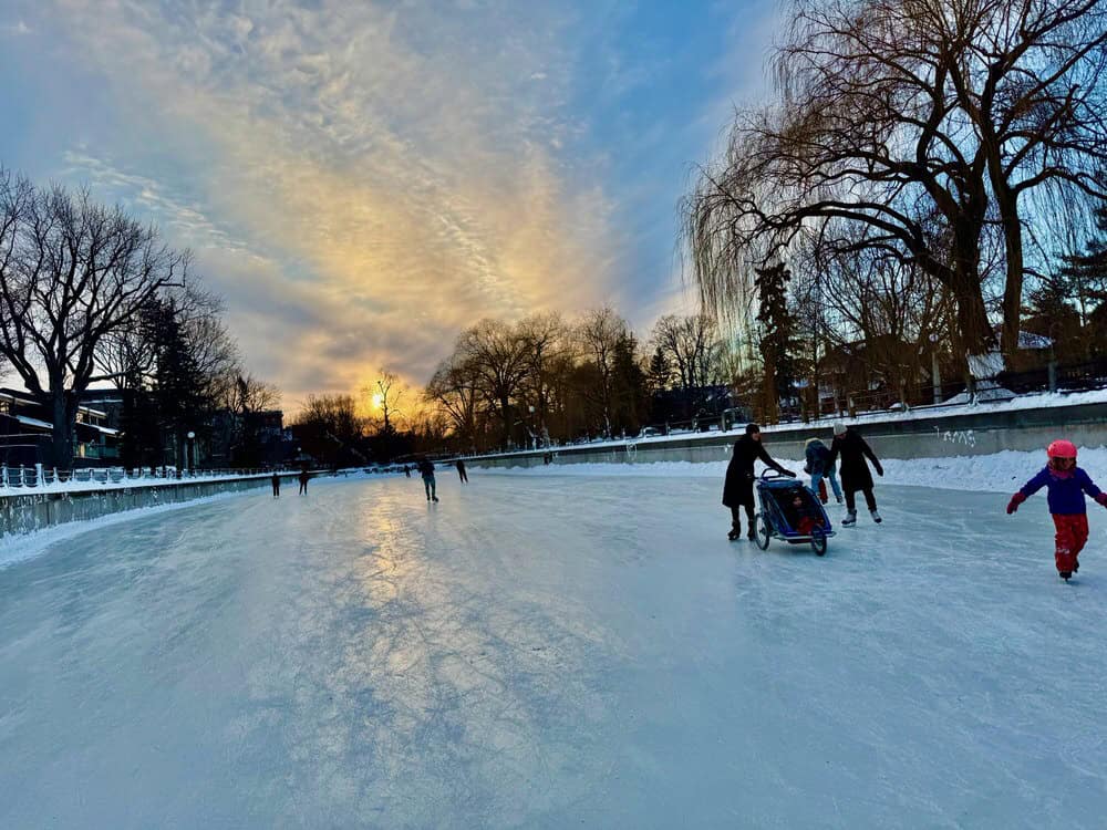 Skaters on the Patterson section of the Rideau Canal at sunset including parents pushing small children in sleds