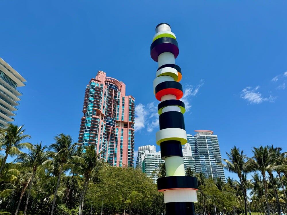 A colorful "lighthouse" art installation in South Pointe Park in Miami Beach