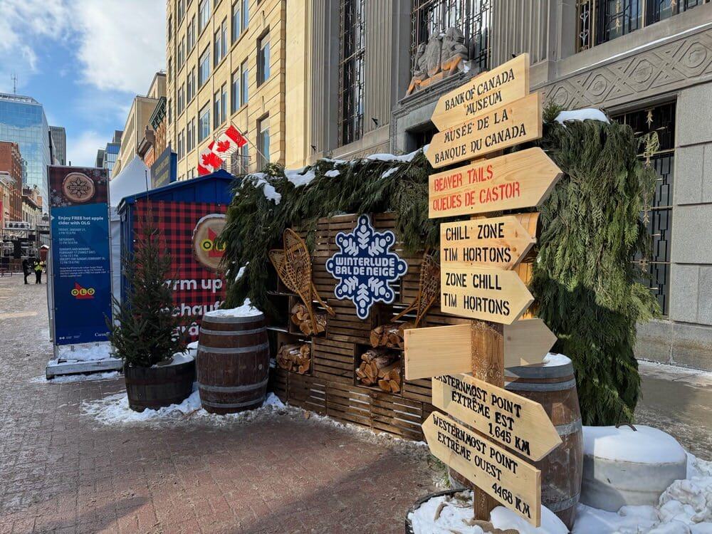 Decorations including booths and road signs for Ottawa Winterlude festival