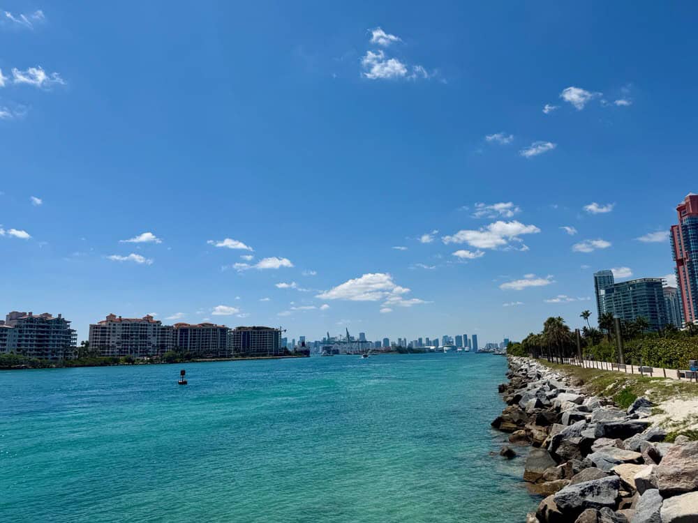 Looking towards the city of Miami and the city port from South Pointe Park in Miami Beach