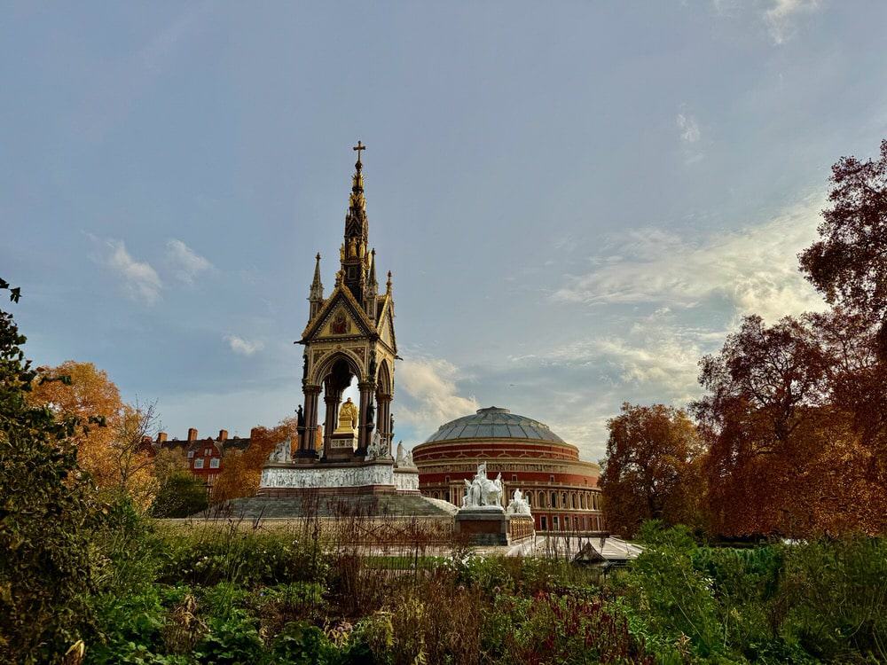 Looking south from Kensington Gardens park in London at the Albert Memorial and the roof of Royal Albert Hall.