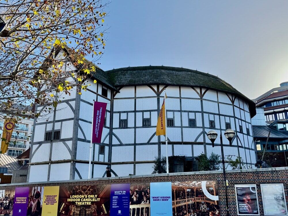 A replica Elizabeth theatre that was used by William Shakespeare on the banks of the Thames River in London