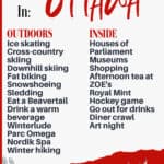 Red and white graphic decorated with winter graphics that lists 21 activities to do in Ottawa in the winter