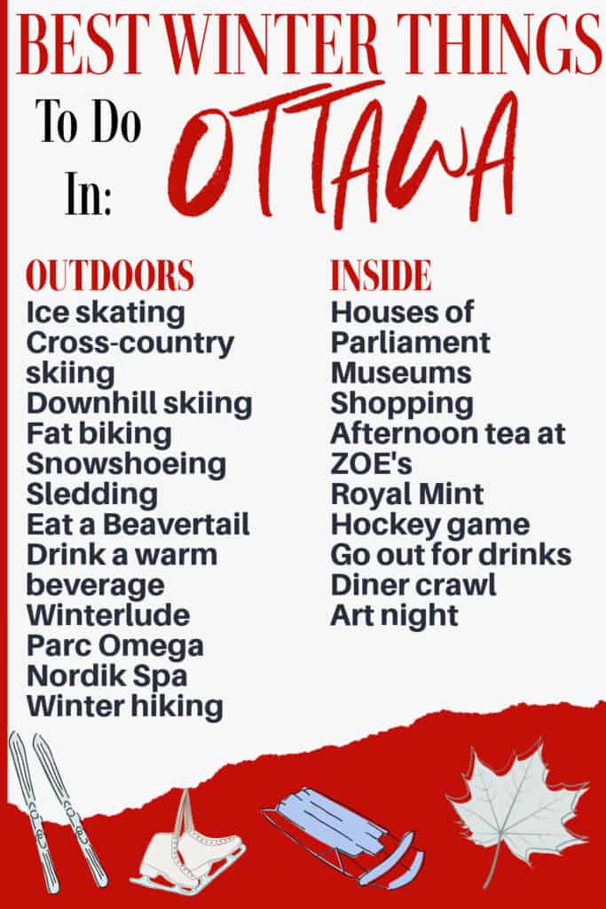 Red and white graphic decorated with winter graphics that lists 21 activities to do in Ottawa in the winter