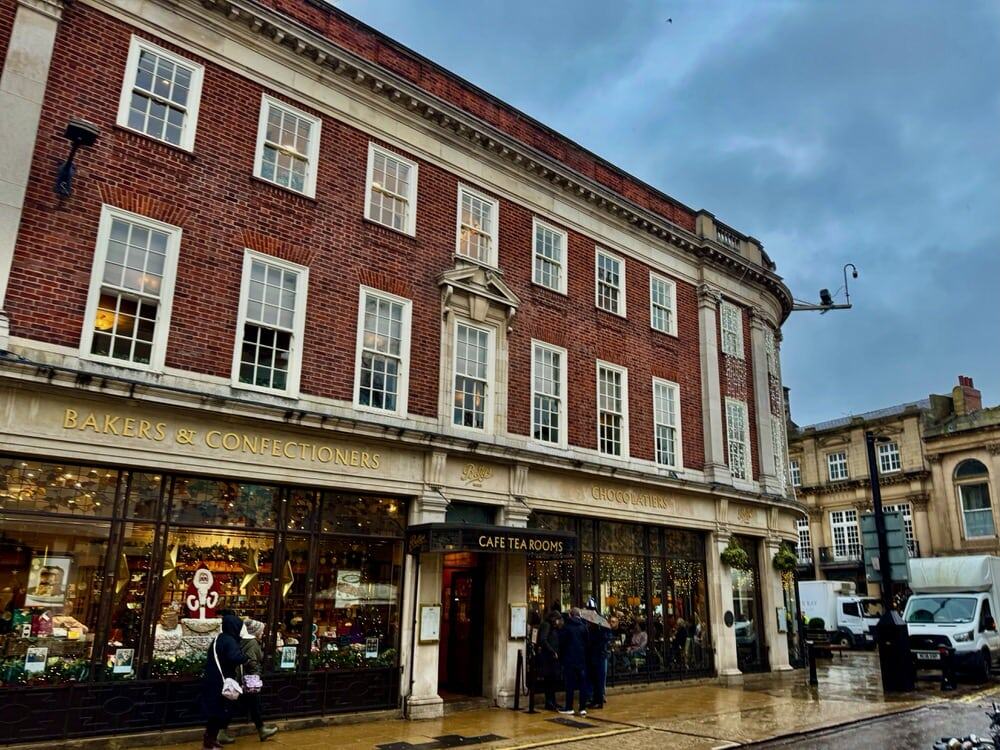 The brick Victorian exterior of Bettys Tea Rooms in York