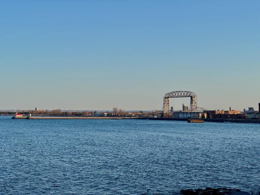 Duluth lift bridge and lighthouses as seen from the Lakewalk