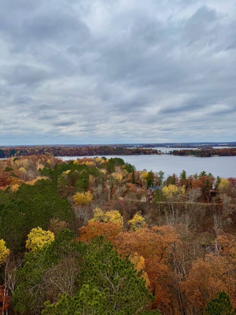 Fall foliage and a large lake in northern Minnesota lake.
