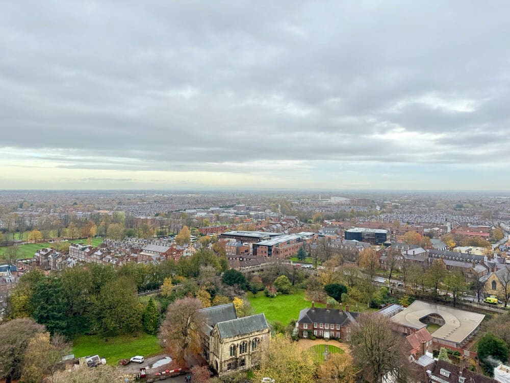 An overhead view of York city buildings and country