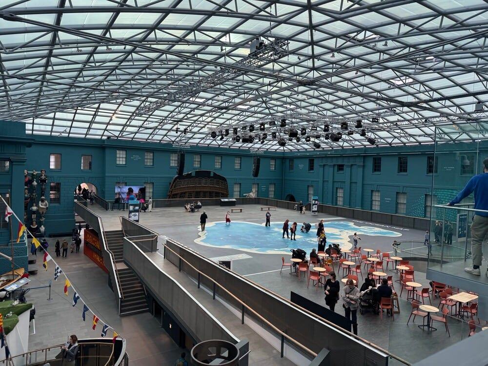 A view across the Ocean Courts cafe and ocean map at the National Maritime Museum Greenwich London