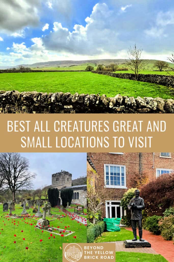 Photo collage of scenes from north Yorkshire including a churchyard, a statue of Alf Wight, and sheep grazing in a pasture. Text overlay reads "Best All Creatures Great and Small Locations To Visit."