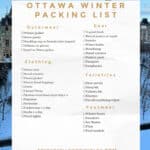 A printable packing list for an Ottawa winter trip post with a background of snowy Houses of Parliament. The list includes winter outerwear, clothing, footwear, gear, and toiletries.
