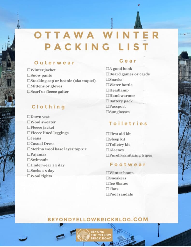 A printable packing list for an Ottawa winter trip post with a background of snowy Houses of Parliament. The list includes winter outerwear, clothing, footwear, gear, and toiletries.