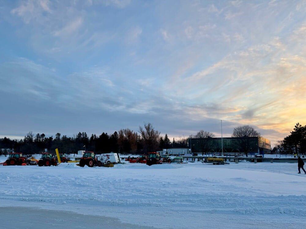 Heavy machinery used for ice maintenance is parked on the Rideau Canal Skateway on Dows Lake