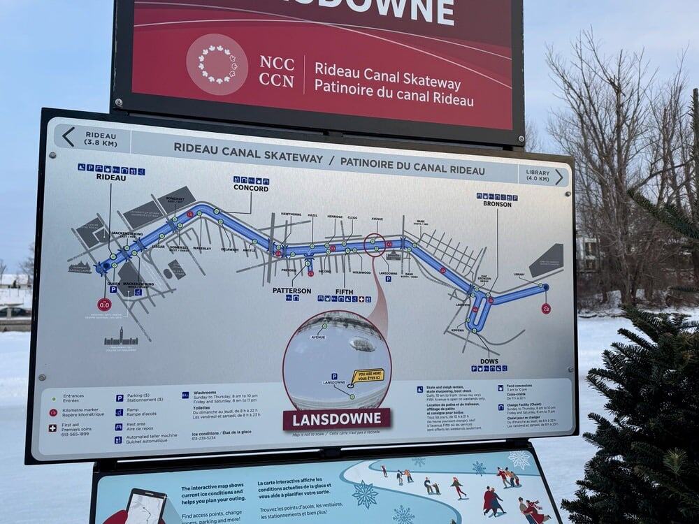 Rideau Canal Reference map for skaters posted along the skateway near the Lansdowne access point.