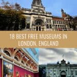 Photo collage of free public museums in London including the Victoria and Albert, the National Gallery, and National Maritime Museum.