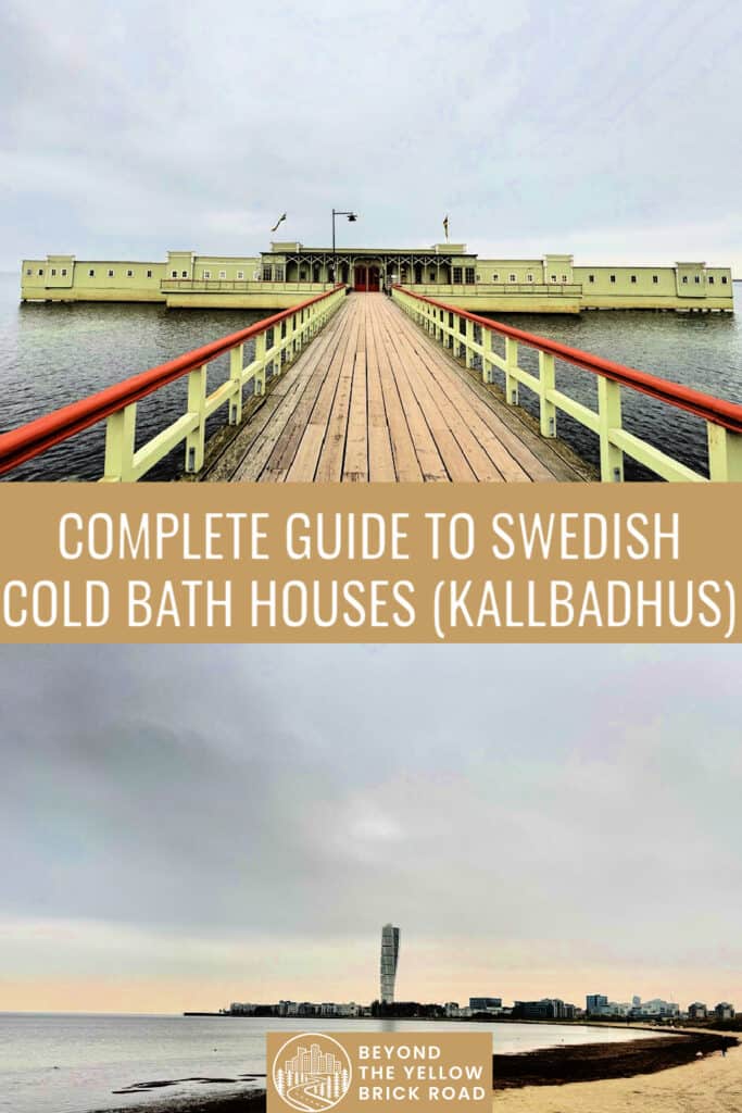 Photo collage of scenes from Malmo Sweden Riberborgs beach including the kallbadhus causeway and the beach looking towards the Twisting Torso skyscraper. Text overlay reads "Complete guide to Swedish Cold Bath Houses"