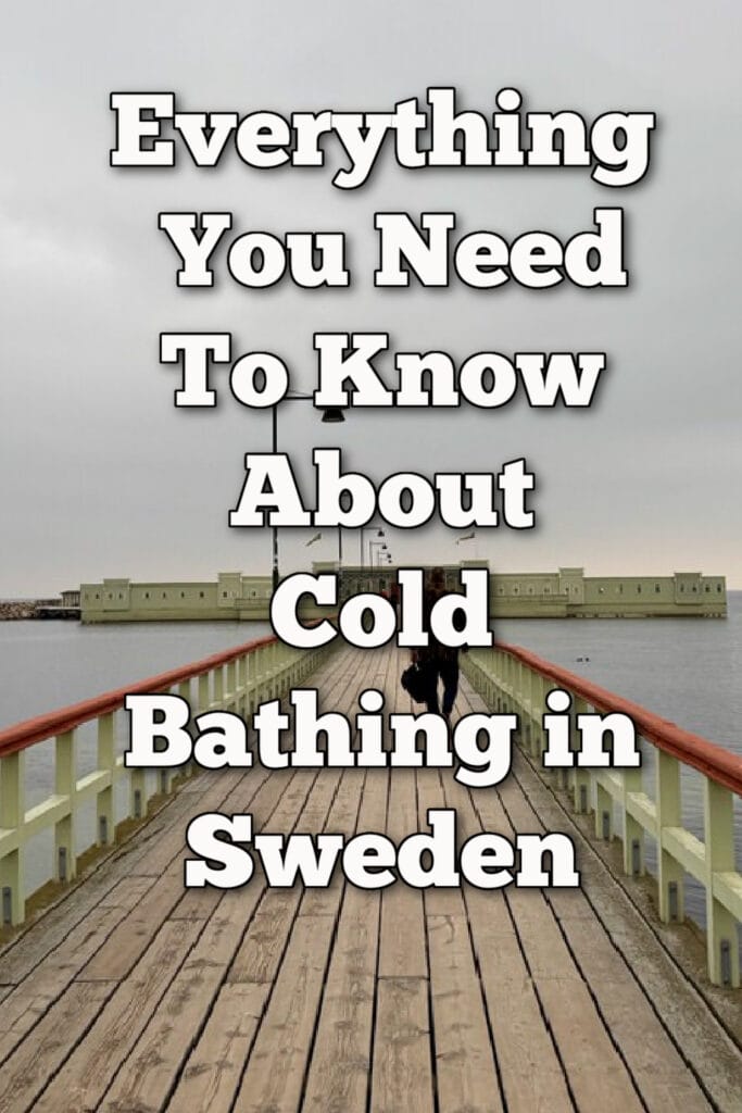 People walk on the causeway out to the kallbadhus in Malmo Sweden. Text overlay reads "Everything You need to know about cold bathing in Sweden."
