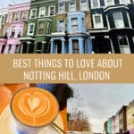 Photo collage of scenes from Notting Hill neighborhood including colorful houses, the Portobello Road Market, and a coffee drink. Text overlay reads "Best Things To Love About Notting Hill London"