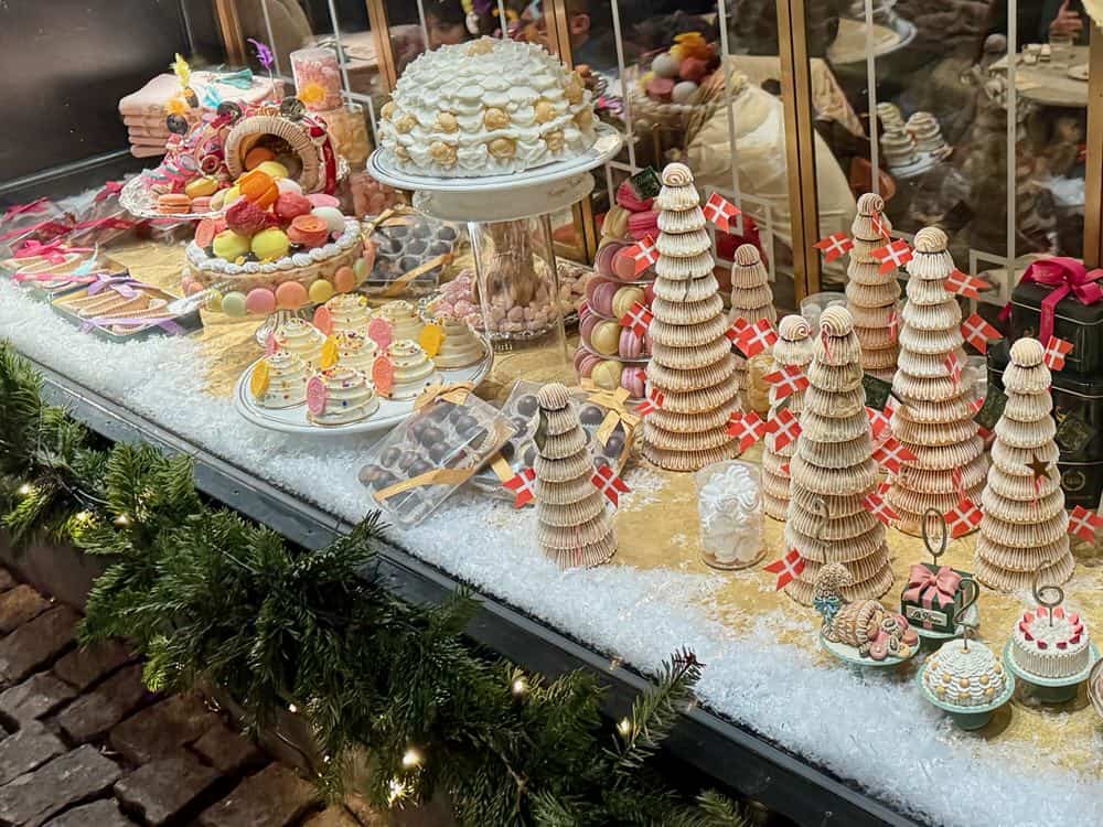 Festive display of seasonal baked goods in the window at Conditori La Glace in central Copenhagen