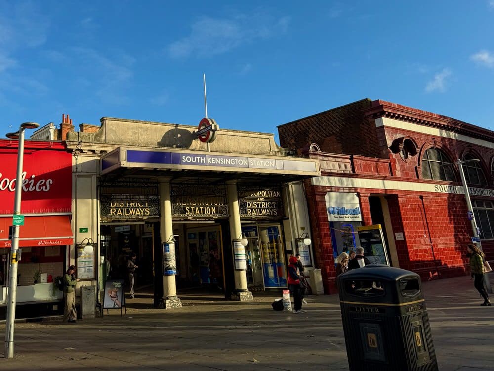 The main entrance to South Kensington tube station on a sunny day
