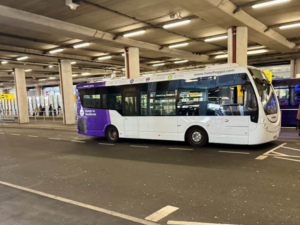 Heathrow shuttle bus parked in lots outside Terminal 2