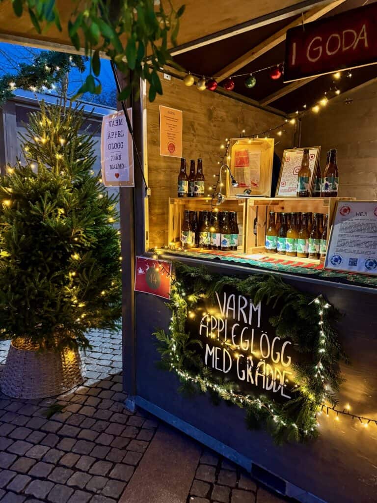 A warm drink booth decorated for Christmas in Malmo Christmas market