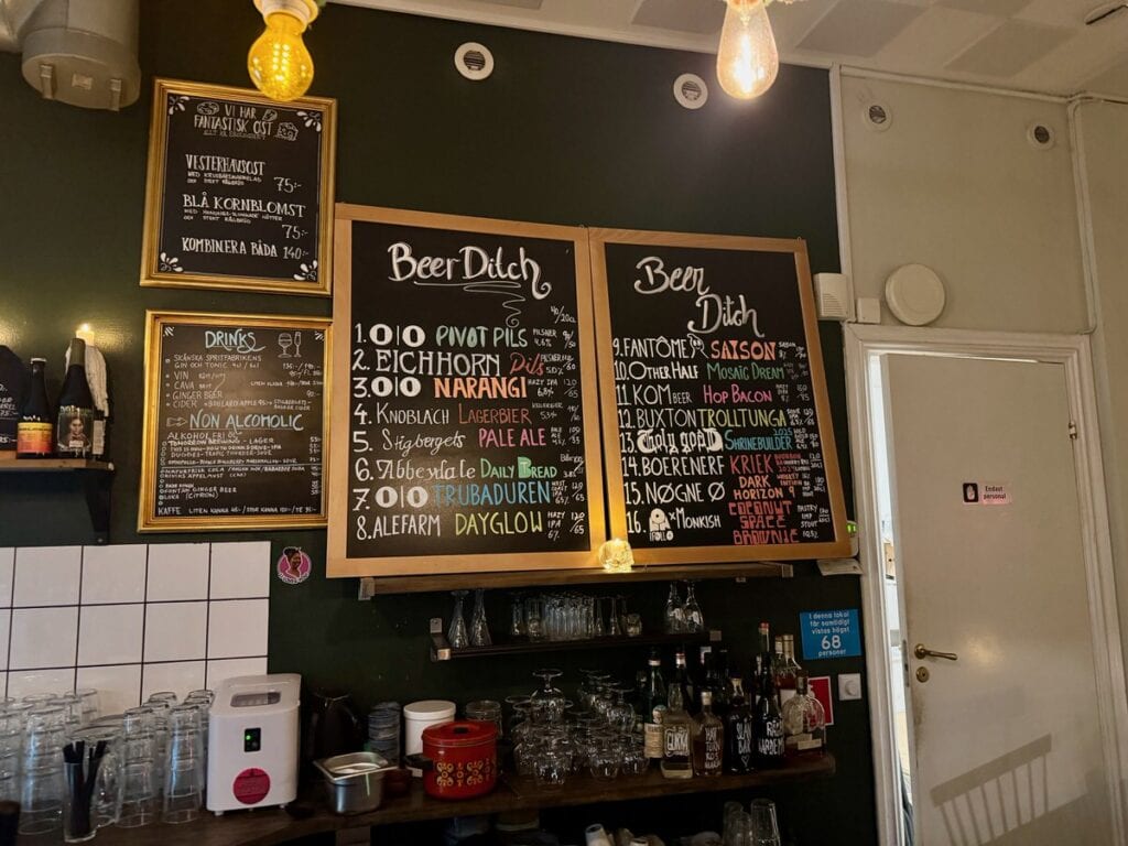 Chalkboard beer menu in a Swedish bar