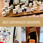 Photo collage of popular Danish souvenirs including Royal Copenhagen porcelain, reusable cotton tote bags, and Carlsberg beer. Text overlay reads "Best Copenhagen Souvenirs."