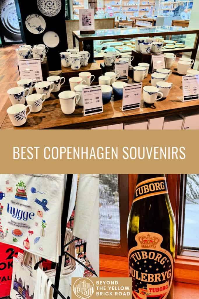 Photo collage of popular Danish souvenirs including Royal Copenhagen porcelain, reusable cotton tote bags, and Carlsberg beer. Text overlay reads "Best Copenhagen Souvenirs."